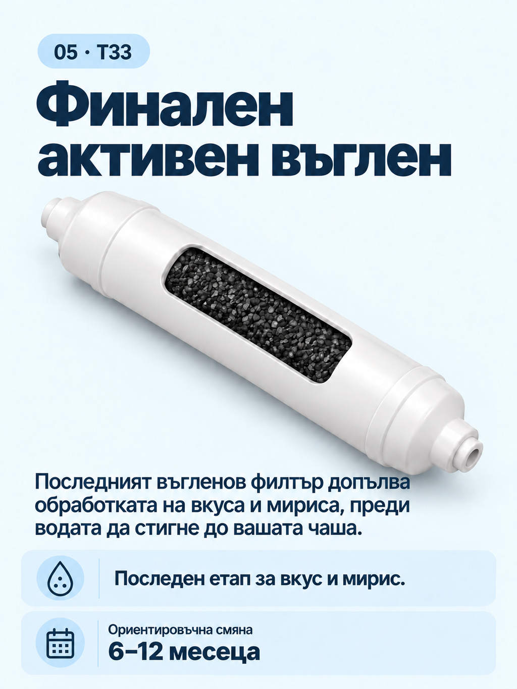 Финален въгленов филтър T33 — ориентировъчна смяна на 6–12 месеца