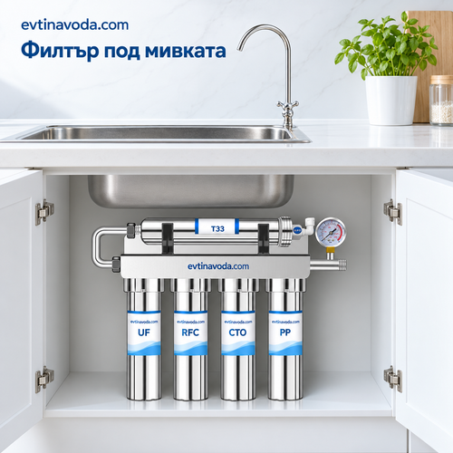 Илюстрация на филтриращата система под мивката с отделно кранче