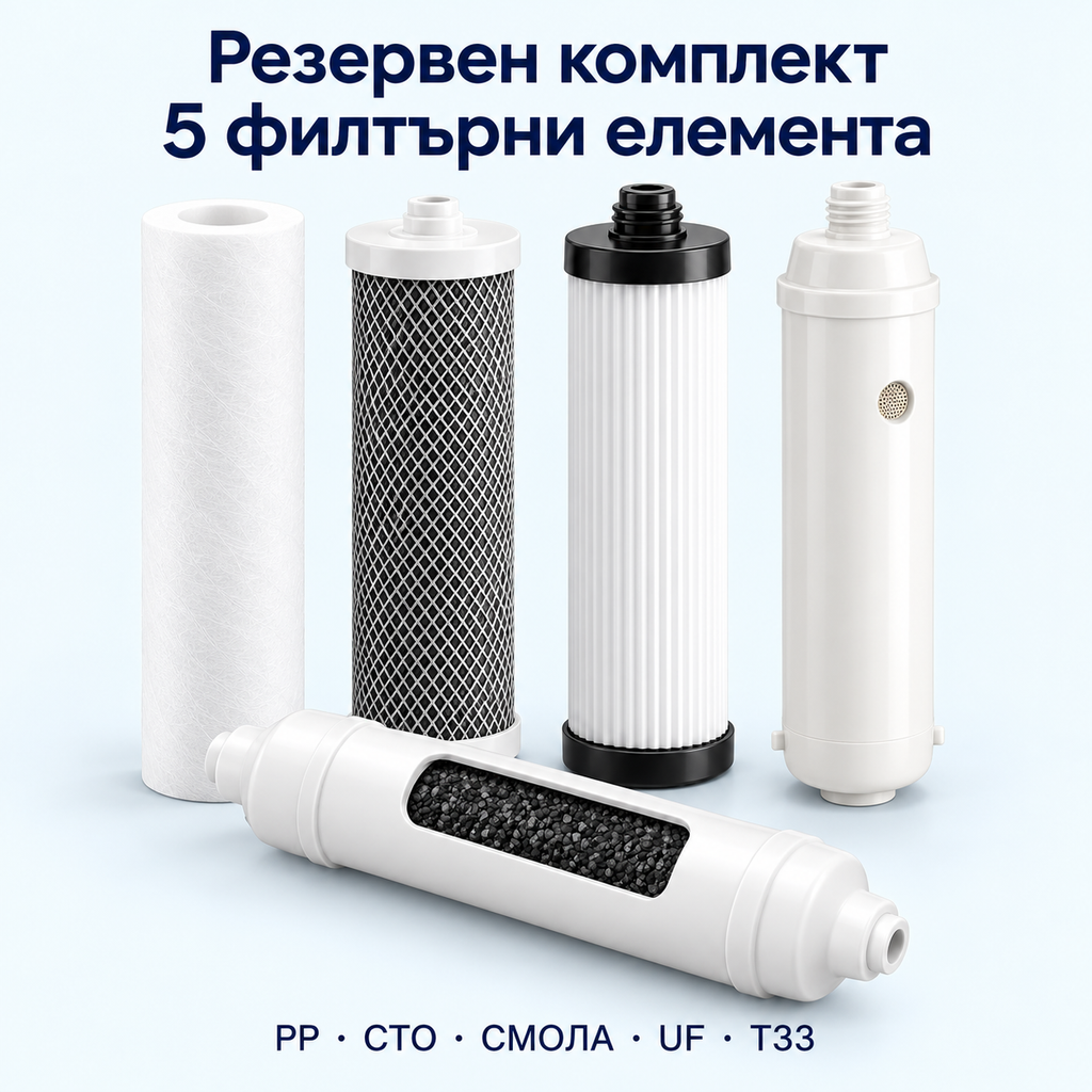 Илюстрация на пълния резервен комплект: PP, CTO, филтър със смола, UF мембрана и T33 — пет сменяеми филтъра